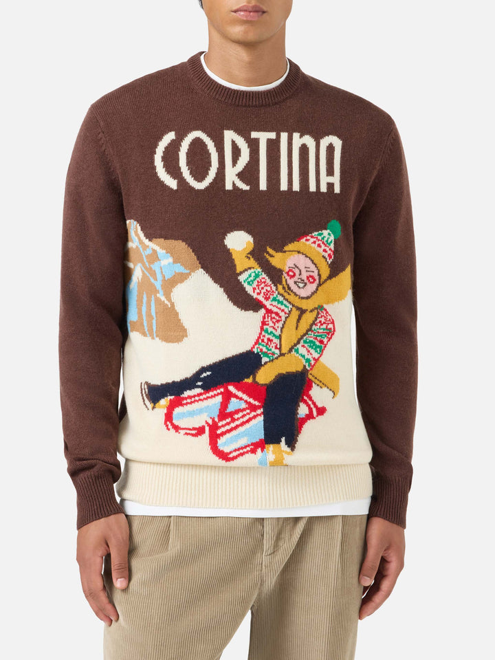 Crewneck sweater with Cortina postcard jacquard