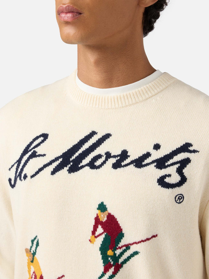 Heron sweater in white with St. Moritz Ski postcard jacquard