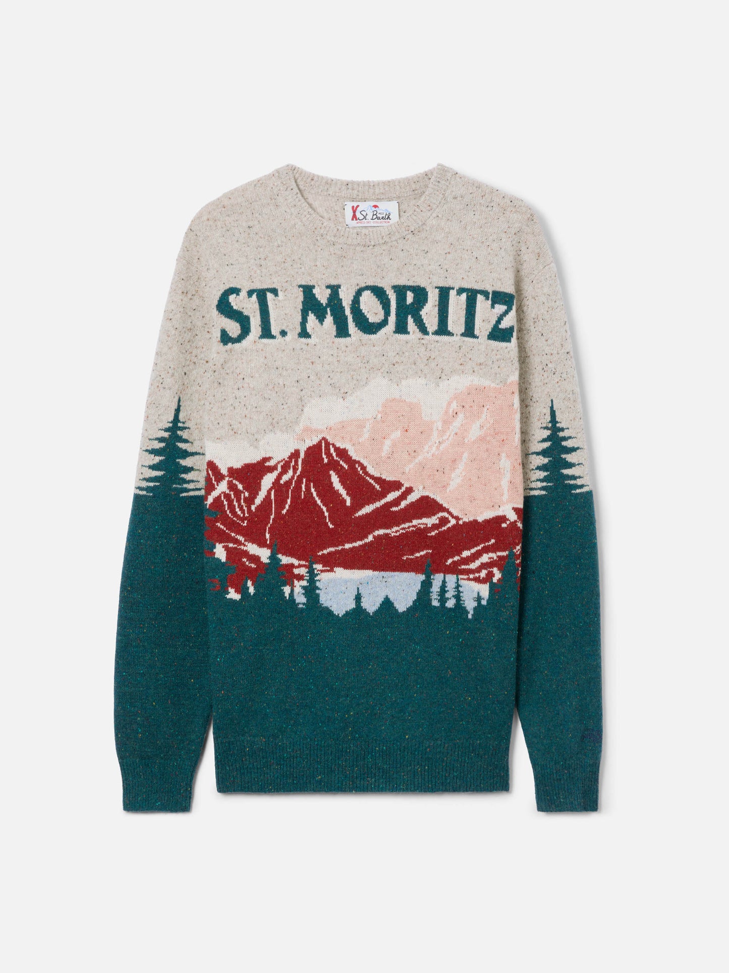 Crewneck donegal sweater Heron with St. Moritz postcard jacquard