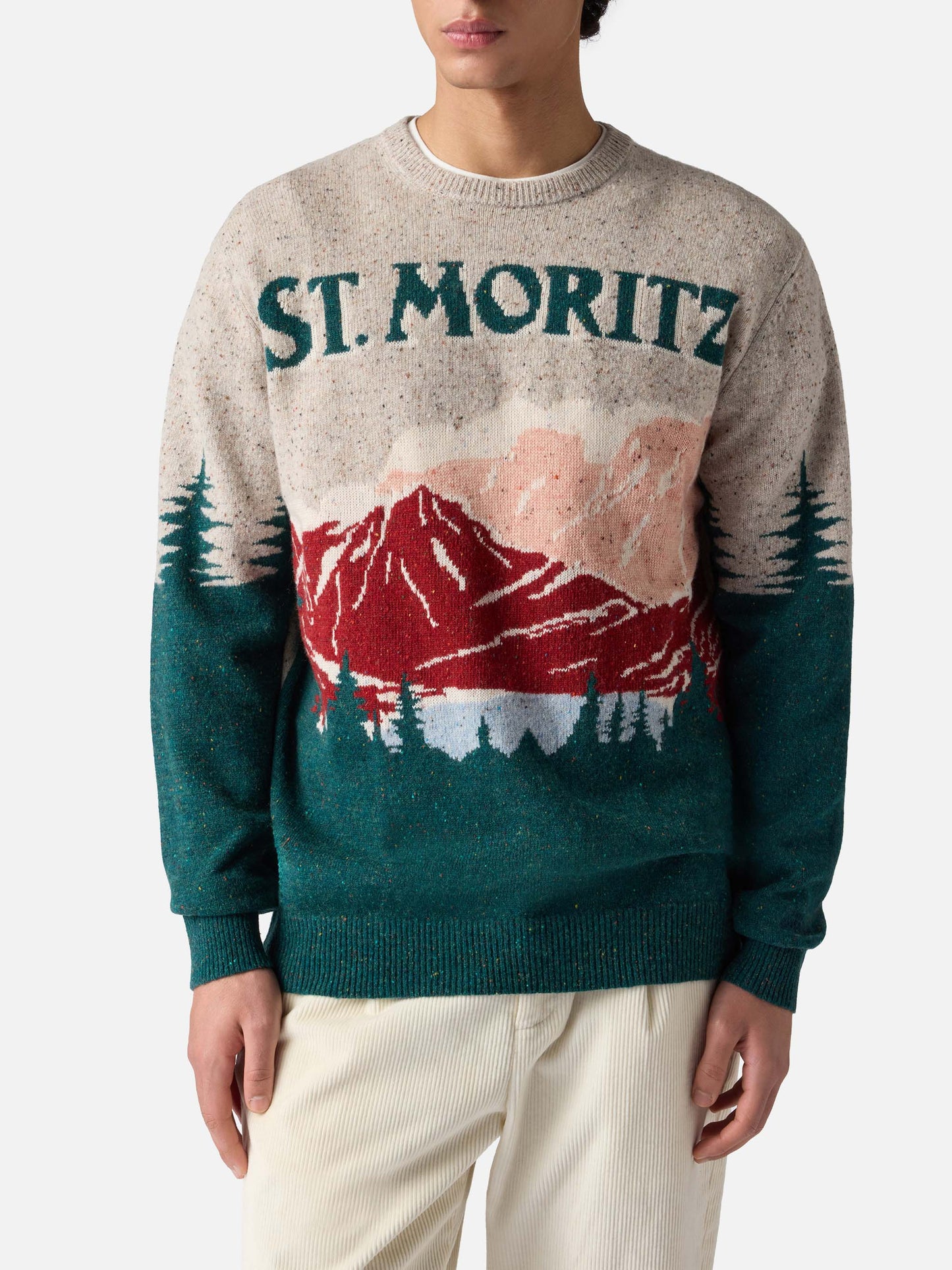 Crewneck donegal sweater Heron with St. Moritz postcard jacquard