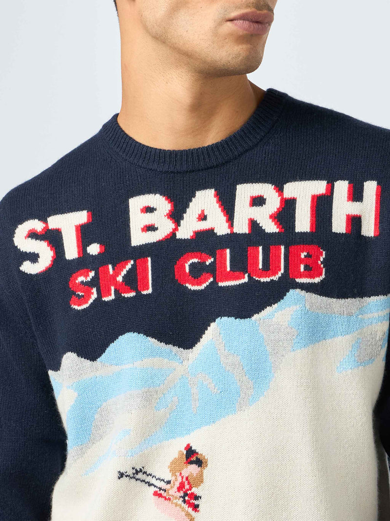 Man blue sweater Heron with St. Barth ski club postcard jacquard