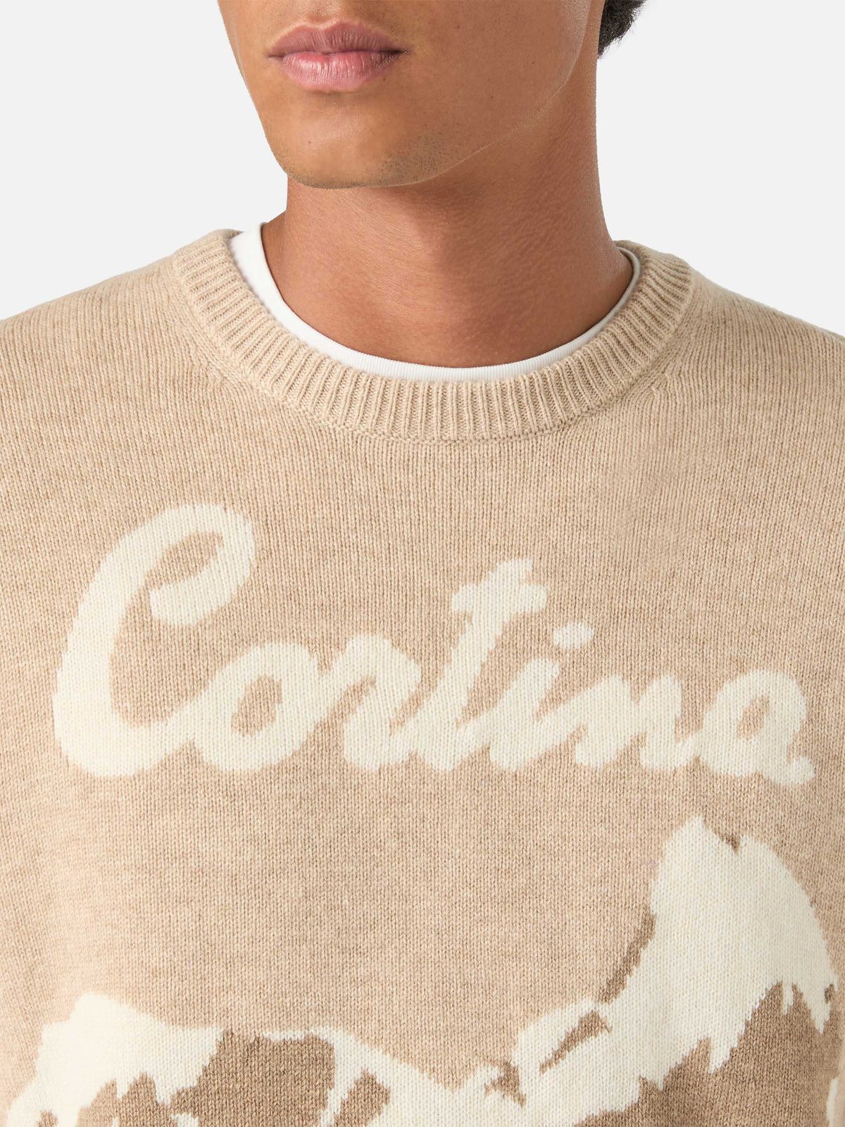 Beiger Rundhals-Strickpullover Heron mit Cortina-Intarsie 