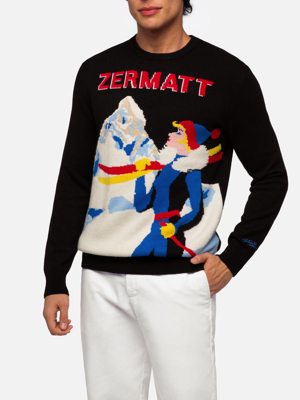 Crewneck sweater Heron with Zermatt postcard jacquard