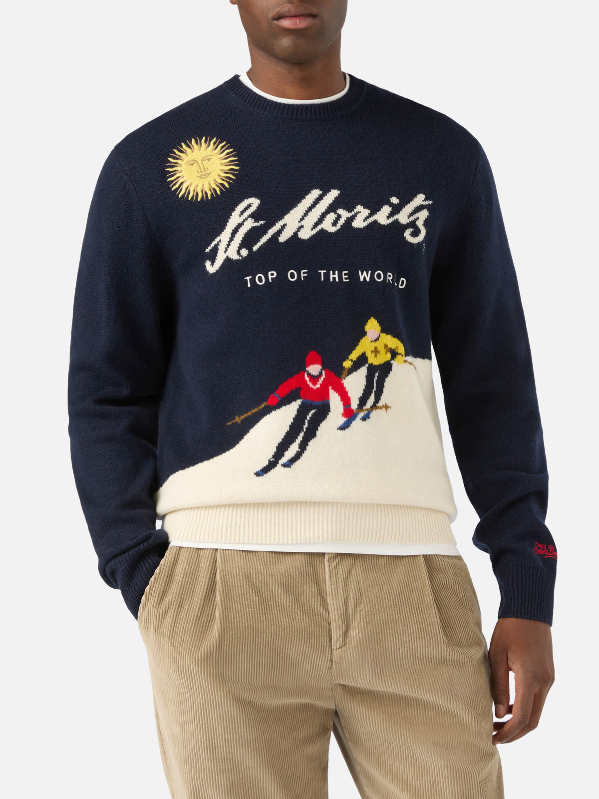 Marineblauer blue Heron Rundhals-Strickpullover mit St. Moritz Intarsie und Stickerei | Special edition 