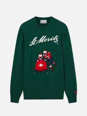 Maglia girocollo Heron verde con intarsio St. Moritz | Special edition