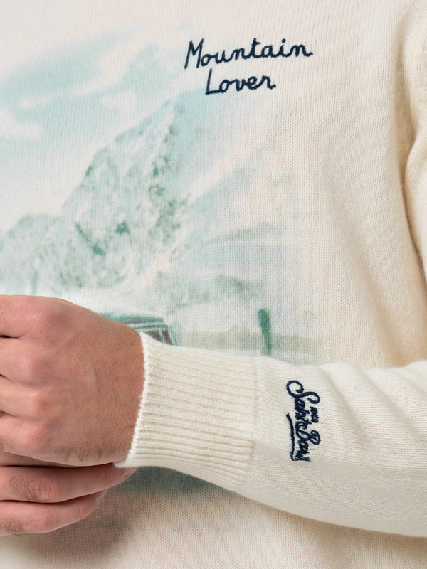 Man white sweater Heron with Mountain lover jacquard