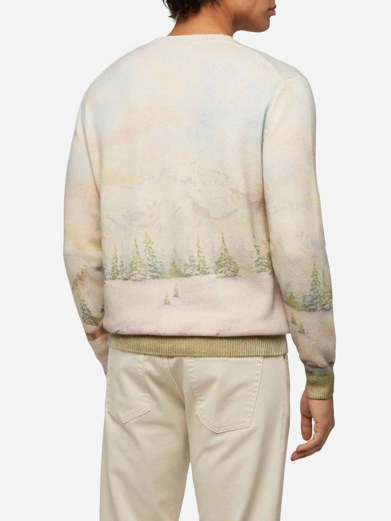 Crewneck sweater Heron with landscape print and Weekend mood embroidery