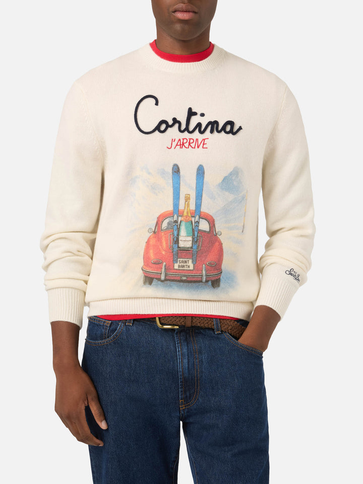 Jersey de cuello redondo Grey Heron en mezcla de lana y cachemir con intarsia y bordado Cortina J'arrive 