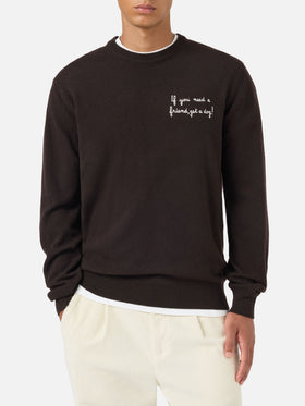 Pull en maille col rond Heron Light marron avec broderie Dog Wall Street 