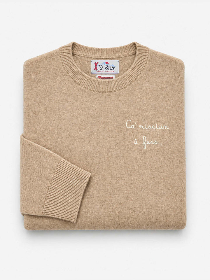 Beige Heron Light wool and cashmere blend crewneck with Ca' Nisciun È Fess embroidery | Special edition