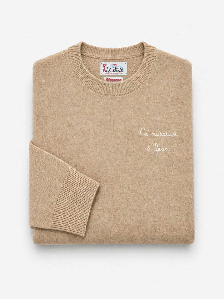 Maglia girocollo Heron Light beige in misto lana e cashmere con ricamo Ca' Nisciun È Fess | Special edition