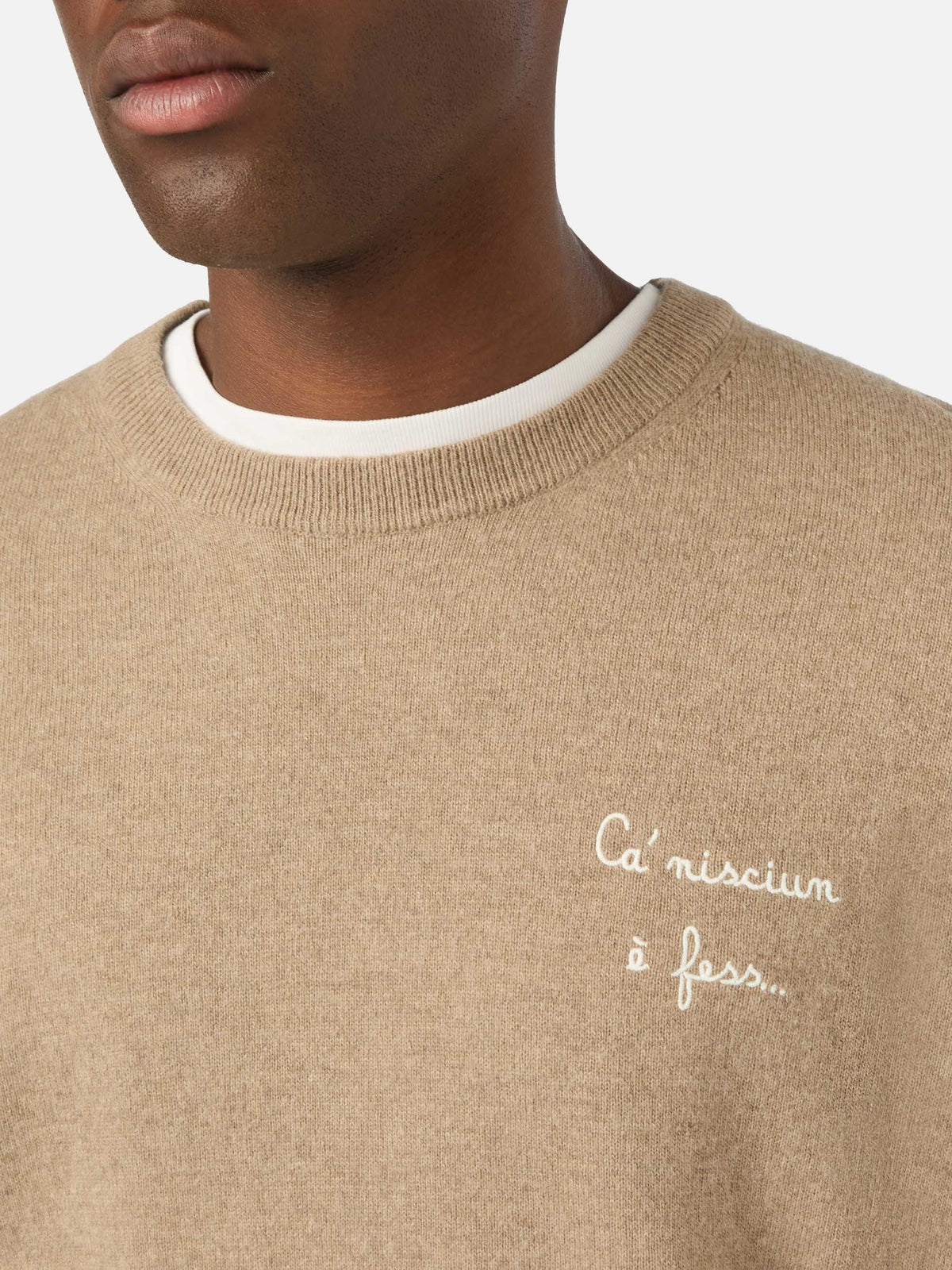 Beige Heron Light wool and cashmere blend crewneck with Ca' Nisciun È Fess embroidery | Special edition
