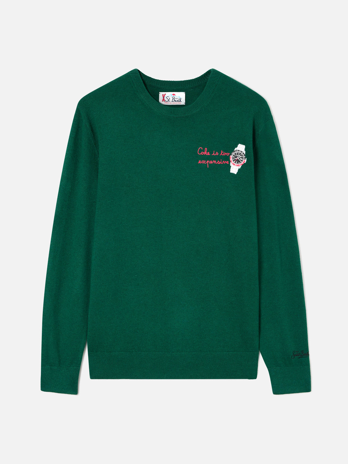 Jersey de cuello redondo Green Heron en mezcla ligera de lana y cachemir con bordado de reloj 