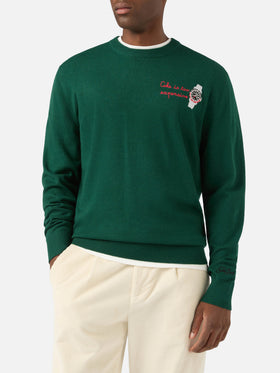 Jersey de cuello redondo Green Heron en mezcla ligera de lana y cachemir con bordado de reloj 