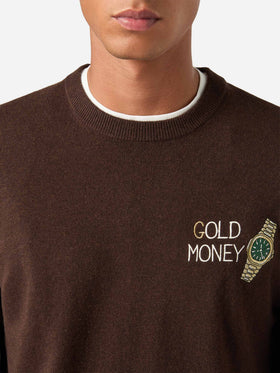 Jersey de cuello redondo Brown Heron en mezcla de lana ligera y cachemira con bordado Gold Money 