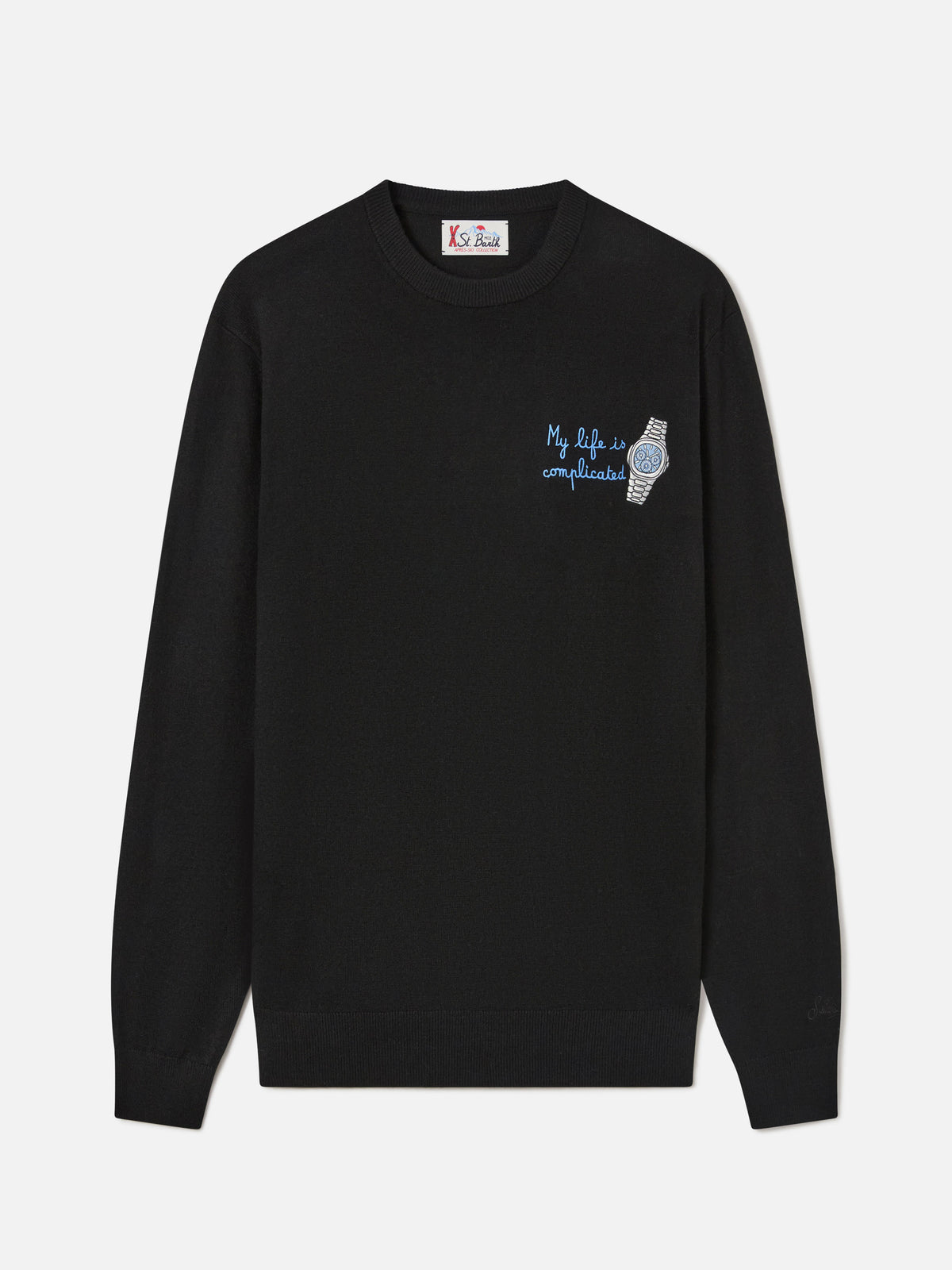 Jersey de cuello redondo Black Heron en mezcla ligera de lana y cachemira con bordado My Life Is Complicated 