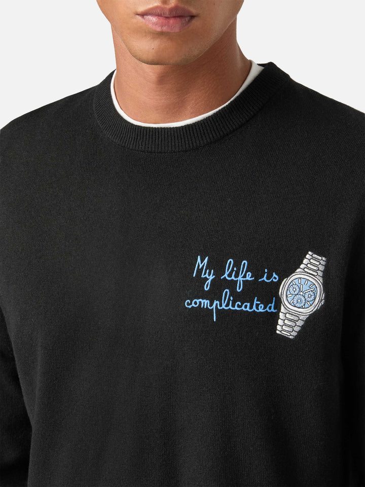 Jersey de cuello redondo Black Heron en mezcla ligera de lana y cachemira con bordado My Life Is Complicated 