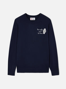 Jersey de cuello redondo Navy blue Heron en mezcla ligera de lana y cachemir con bordado Non Voglio Mica La Luna 