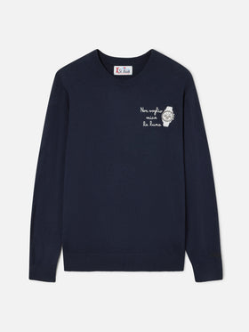 Maglia girocollo Heron Light blu navy in misto lana e cashmere con ricamo Non Voglio Mica La Luna