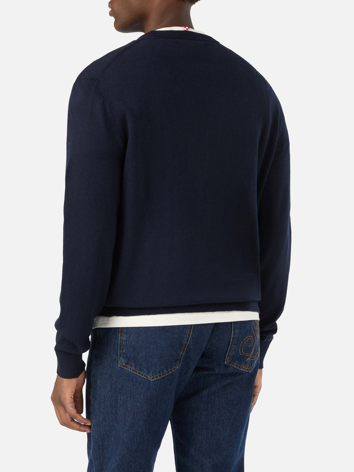 Maglia girocollo Heron Light blu navy in misto lana e cashmere con ricamo Non Voglio Mica La Luna