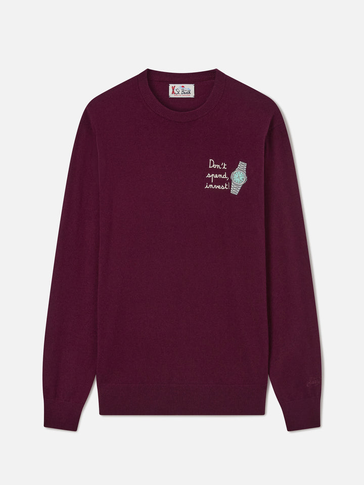 Burgundy Heron Rundhalspullover aus leichter Woll- und Kaschmirmischung mit Don't Spend, Invest-Stickerei 