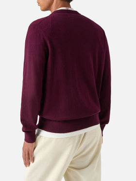 Jersey de cuello redondo Burgundy Heron en mezcla ligera de lana y cachemira con bordado Don't Spend, Invest 