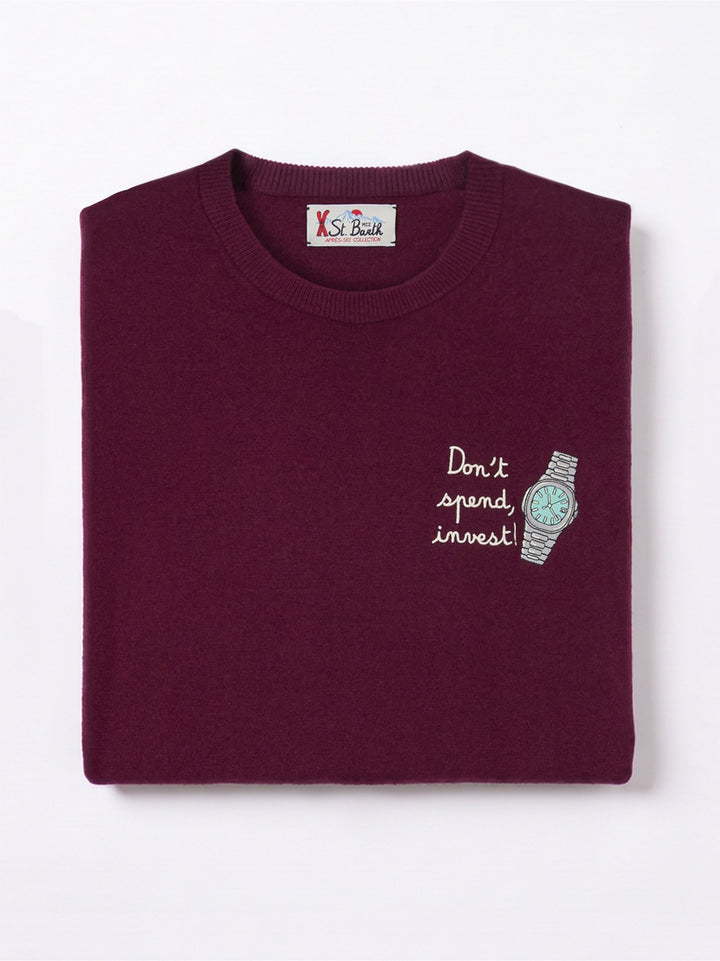 Maglia girocollo Heron Light bordeaux in misto lana e cashmere con ricamo Don't Spend, Invest