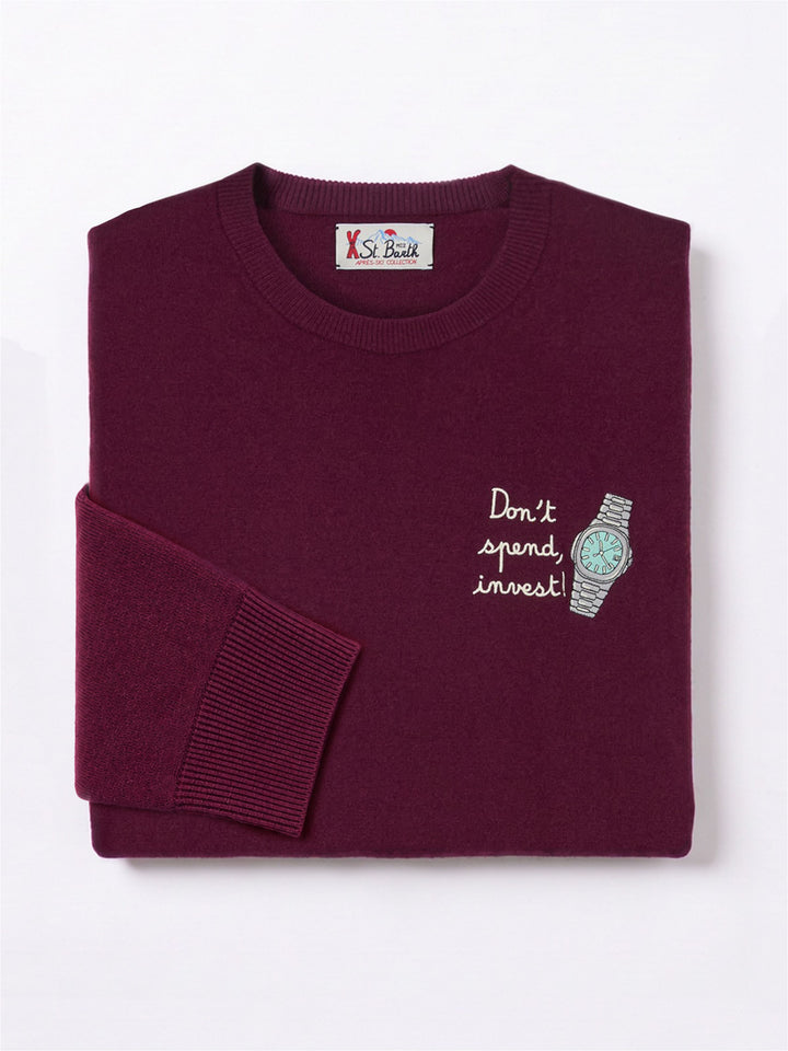Burgundy Heron Light wool and cashmere blend crewneck with Don't Spend, Invest embroidery