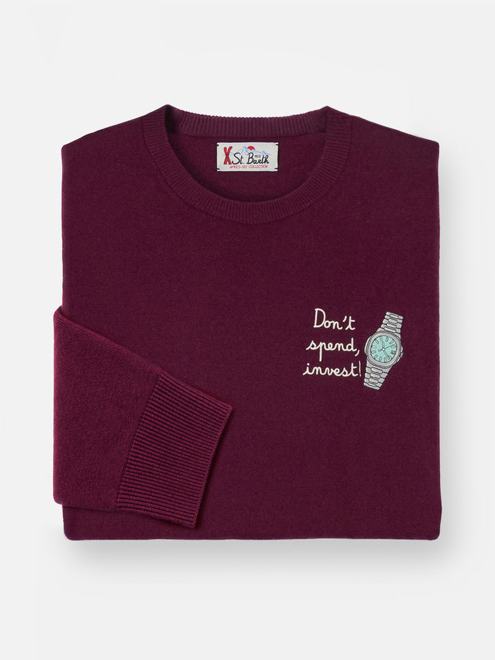 Burgundy Heron Light wool and cashmere blend crewneck with Don't Spend, Invest embroidery