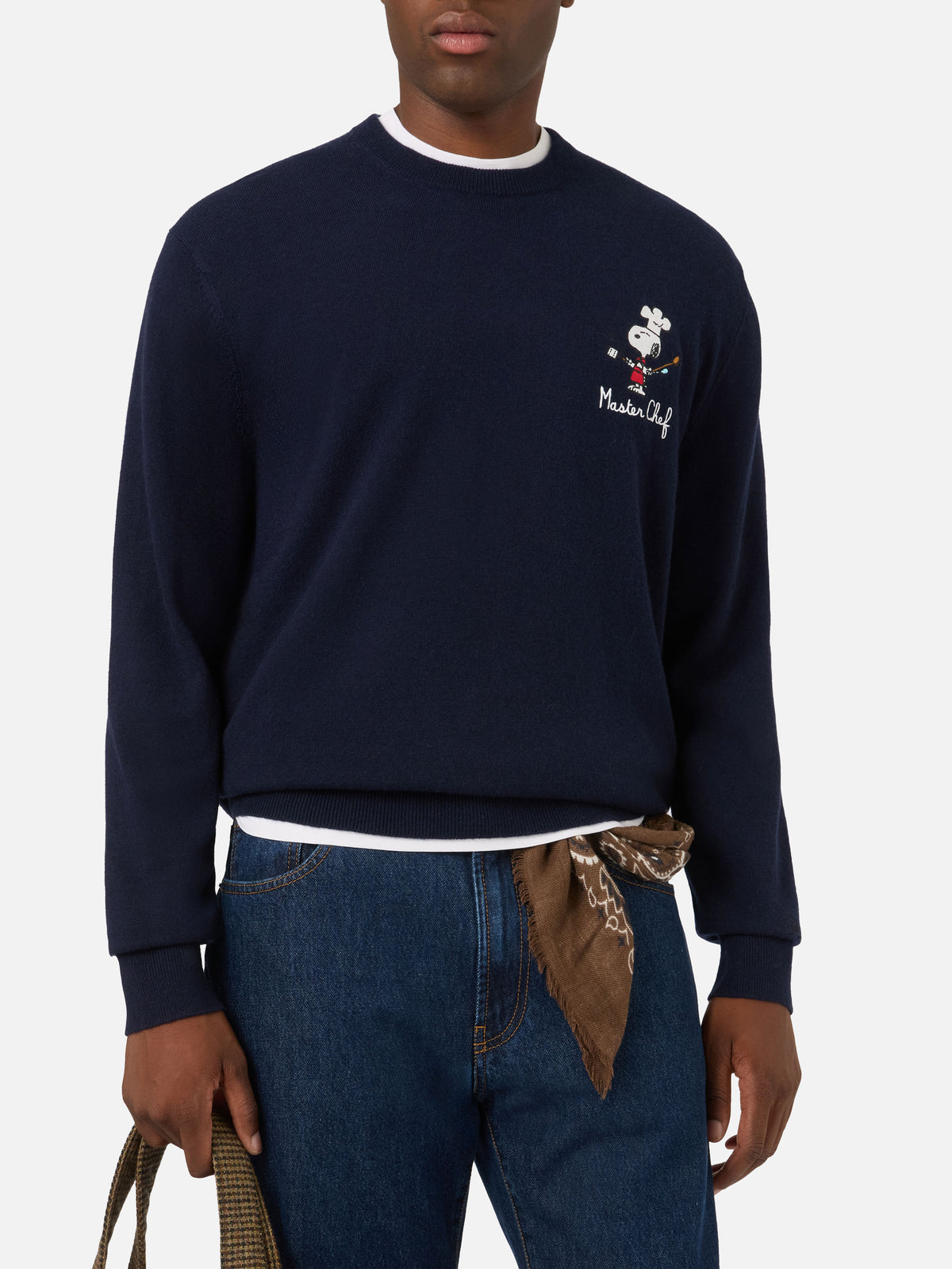 Jersey de cuello redondo en mezcla de lana ligera y cachemira Heron Navy blue con bordado Snoopy Master Chef | Special edition 
