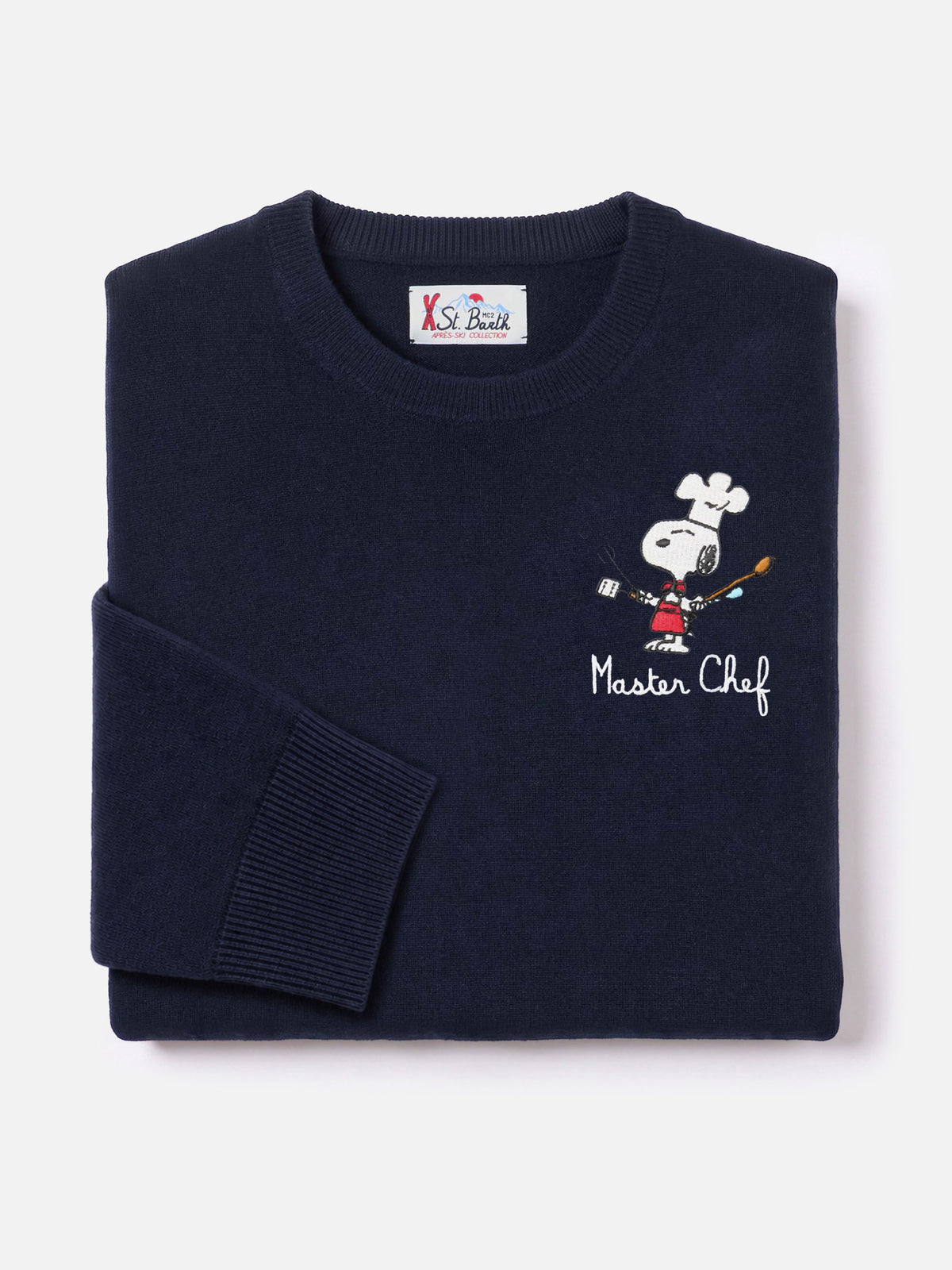 Jersey de cuello redondo en mezcla de lana ligera y cachemira Heron Navy blue con bordado Snoopy Master Chef | Special edition 