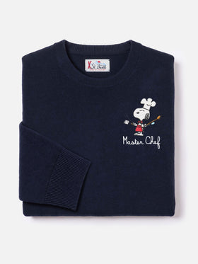 Jersey de cuello redondo en mezcla de lana ligera y cachemira Heron Navy blue con bordado Snoopy Master Chef | Special edition 