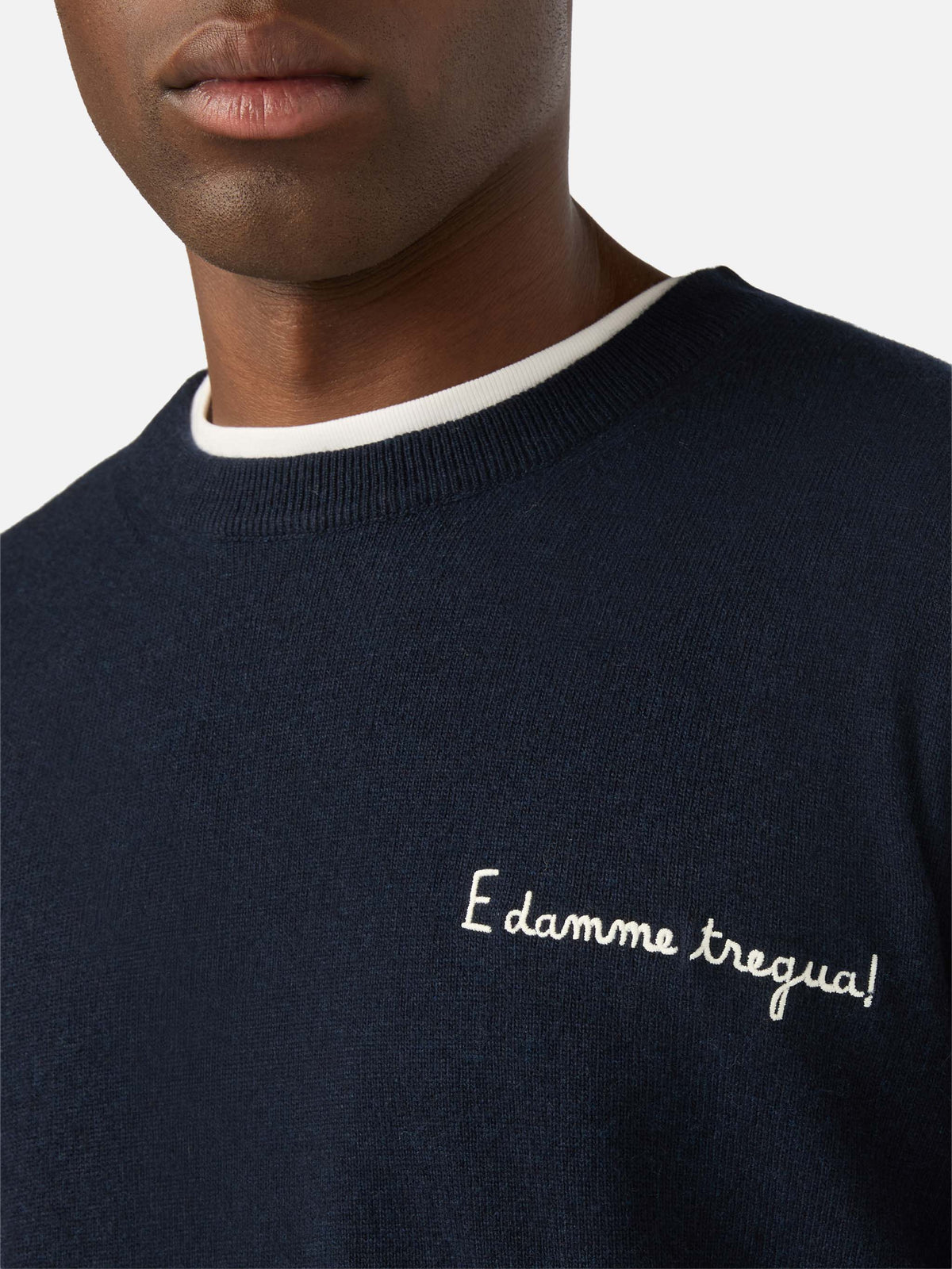 Navy blue Heron Light wool and cashmere blend crewneck with E Damme Tregua embroidery | Special edition