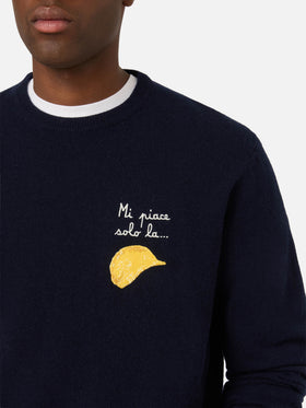 Bleu marine blue Heron col rond en mélange de laine légère et cachemire avec broderie Amica Chips | Special edition 