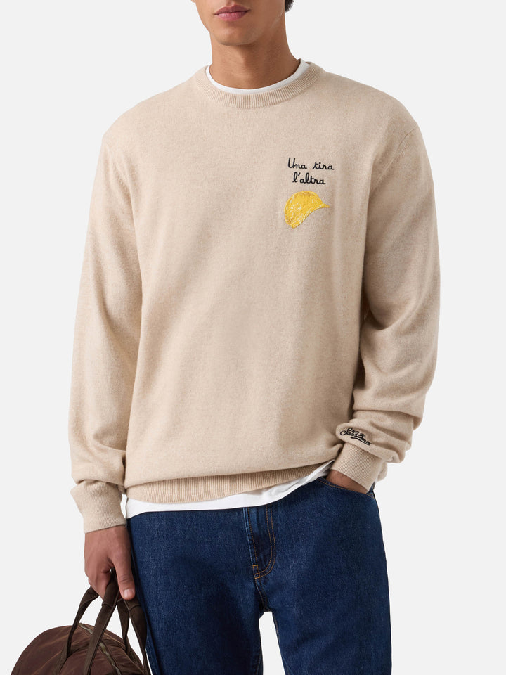 Maglia girocollo Heron Light beige in misto lana e cashmere con ricamo Amica Chips | Special edition