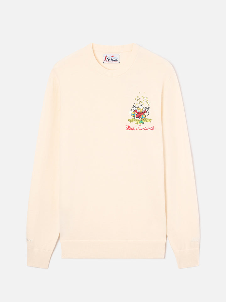 Jersey de cuello redondo Heron Light en mezcla de lana y cachemira color blanco roto con bordado de Scrooge McDuck | Special edition 