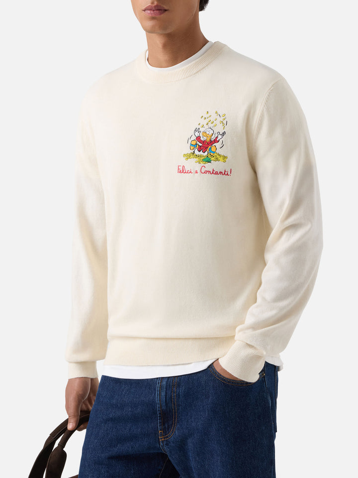 Pull ras du cou Heron Light blanc cassé en mélange de laine et cachemire avec broderie Scrooge McDuck | Special edition 