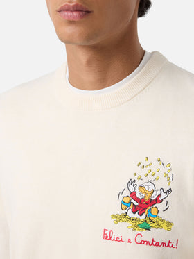 Off white Heron Rundhalspullover aus leichter Woll- und Kaschmirmischung mit Scrooge-McDuck-Stickerei | Special edition 