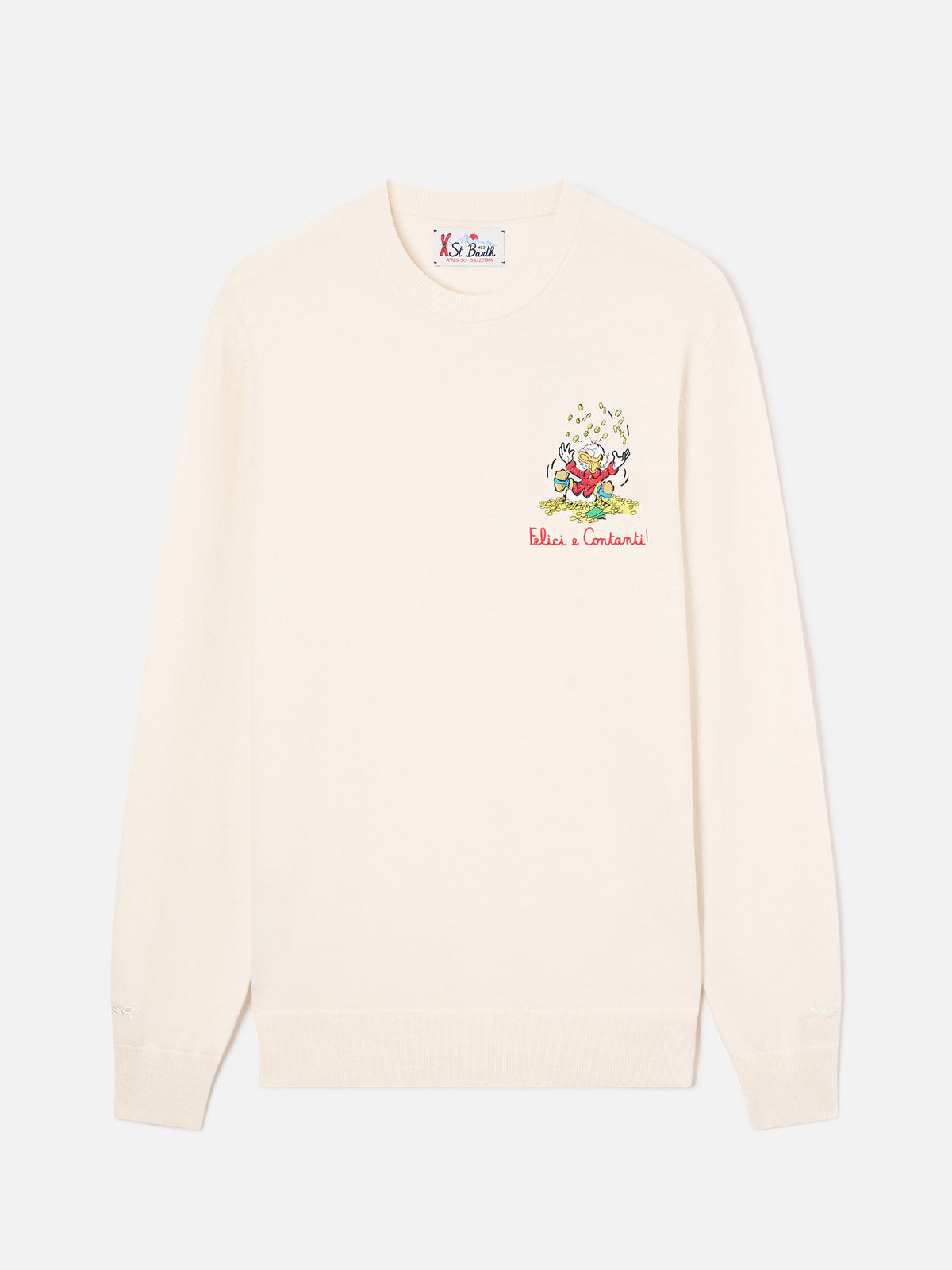 Off white Heron Rundhalspullover aus leichter Woll- und Kaschmirmischung mit Scrooge-McDuck-Stickerei | Special edition 
