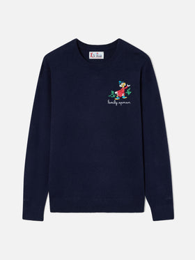 Navy blue Heron col rond en mélange de laine légère et de cachemire avec broderie Scrooge McDuck | Special edition 