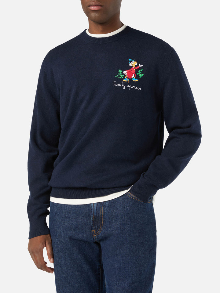 Azul marino blue Heron jersey de cuello redondo en mezcla ligera de lana y cachemira con bordado de Scrooge McDuck | Special edition 