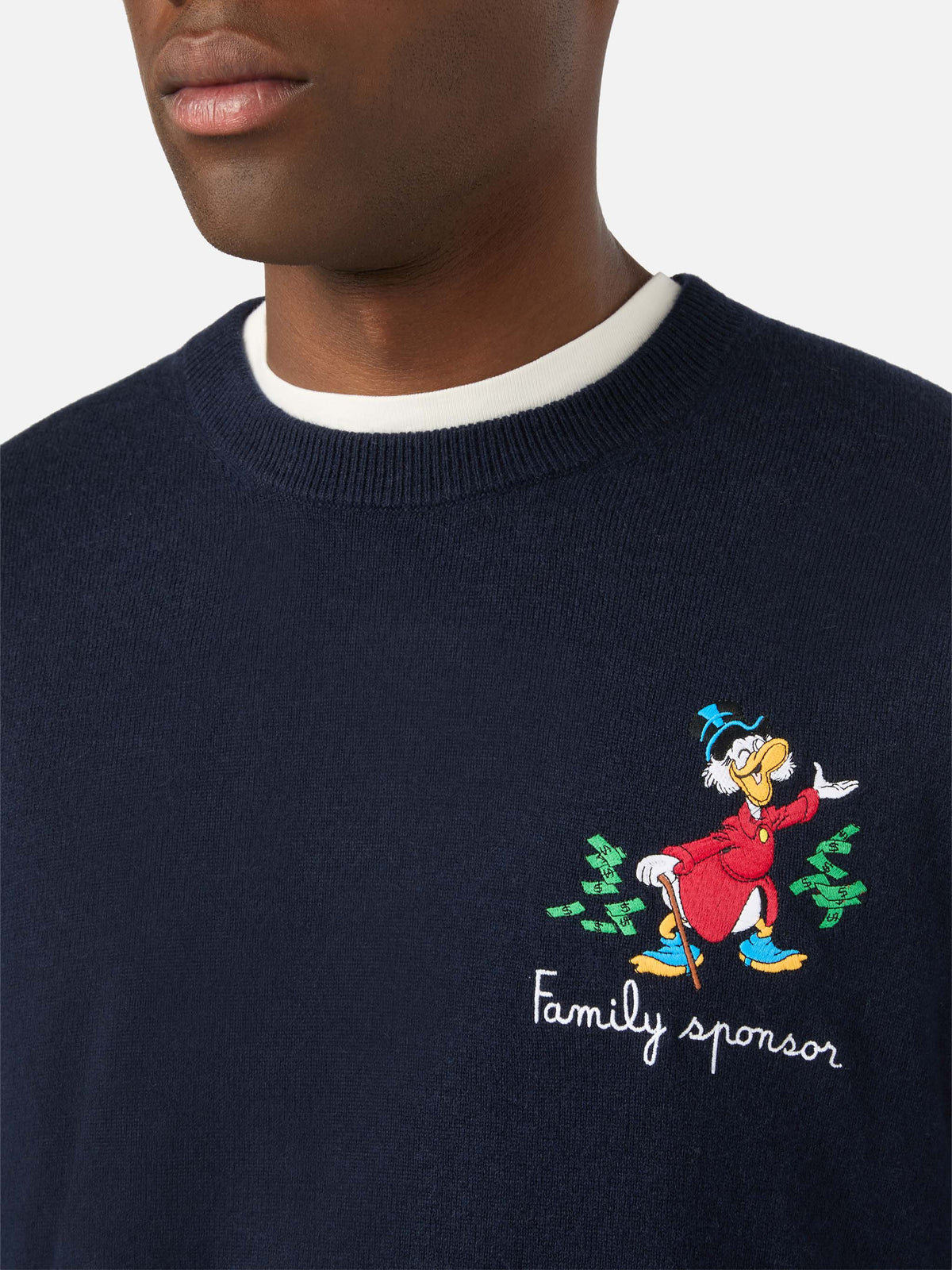 Navy blue Heron col rond en mélange de laine légère et de cachemire avec broderie Scrooge McDuck | Special edition 