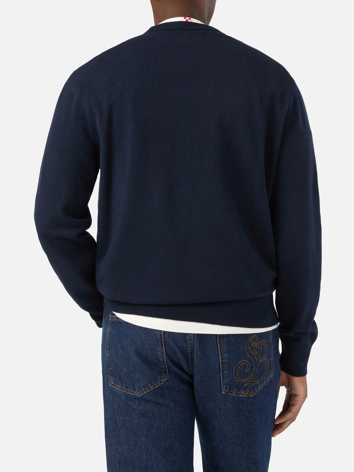 Navy blue Heron col rond en mélange de laine légère et de cachemire avec broderie Scrooge McDuck | Special edition 
