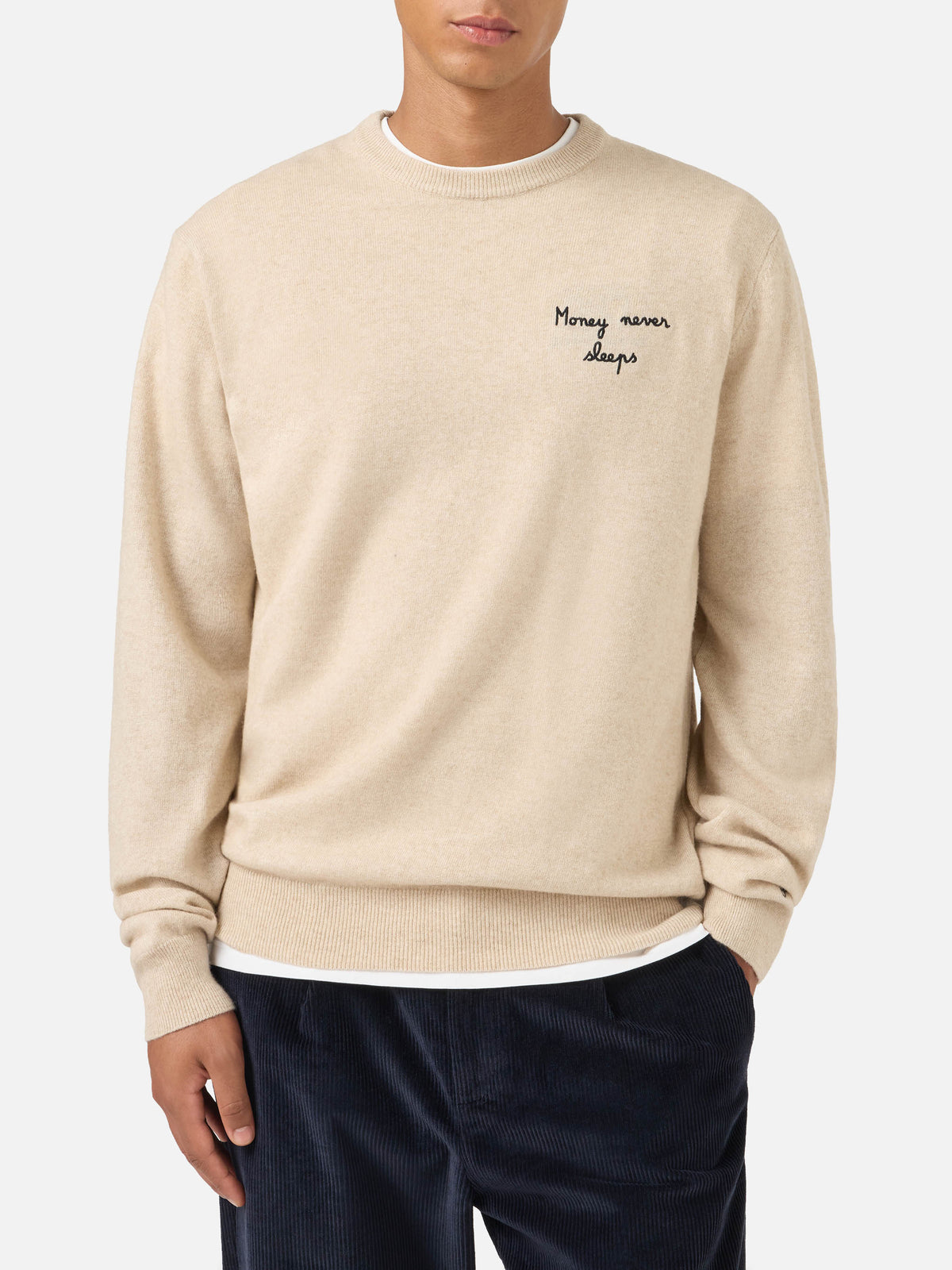 Heron Light Rundhals-Strick in Beige mit Wall Street Money Sleep-Stickerei 