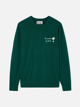 Maglia girocollo Heron Light verde in misto lana e cashmere con ricamo Business Glass