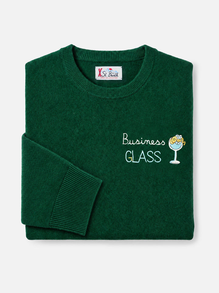 Green Heron Light wool and cashmere blend crewneck with Business Glass embroidery