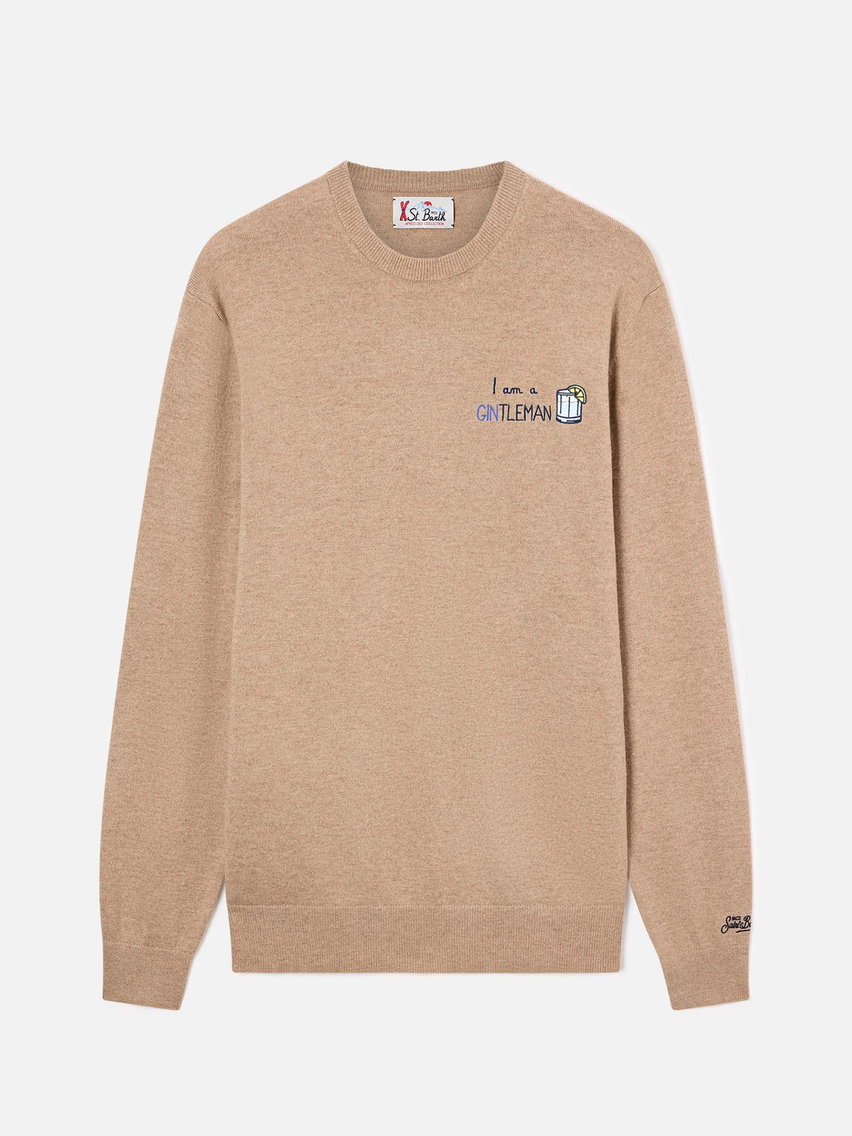 Beige Heron Rundhalspullover aus leichter Wolle und Kaschmir-Mix mit Gintleman-Stickerei 