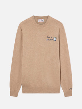 Beige Heron Rundhalspullover aus leichter Wolle und Kaschmir-Mix mit Gintleman-Stickerei 