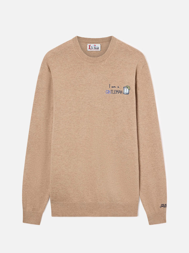 Jersey de cuello redondo Beige Heron en mezcla ligera de lana y cachemir con bordado Gintleman 