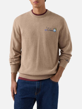 Beige Heron Rundhalspullover aus leichter Wolle und Kaschmir-Mix mit Gintleman-Stickerei 